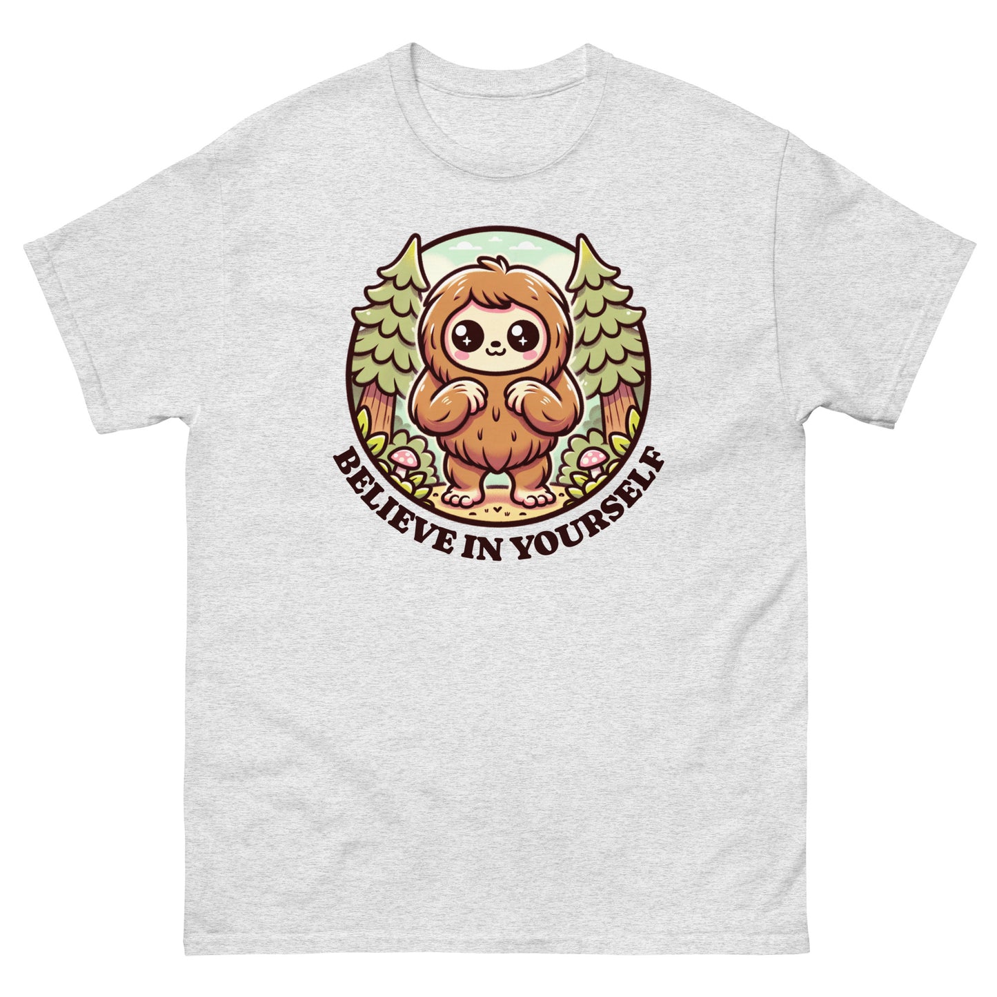 Ash grey t-shirt featuring a cute cartoon sasquatch with the text “Believe in Yourself”