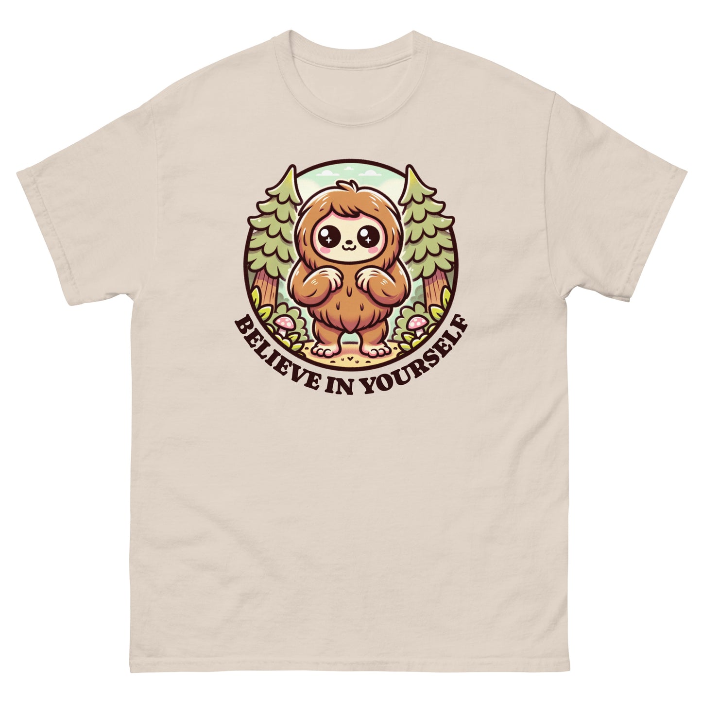 Natural t-shirt featuring a cute cartoon sasquatch with the text “Believe in Yourself”
