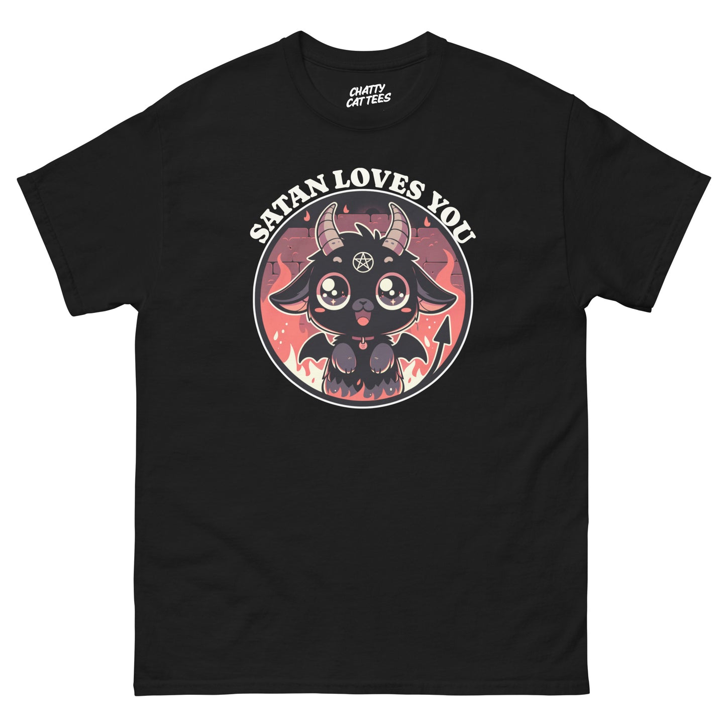 Black t-shirt featuring a cute goat demon with flames and the text “Satan Loves You”