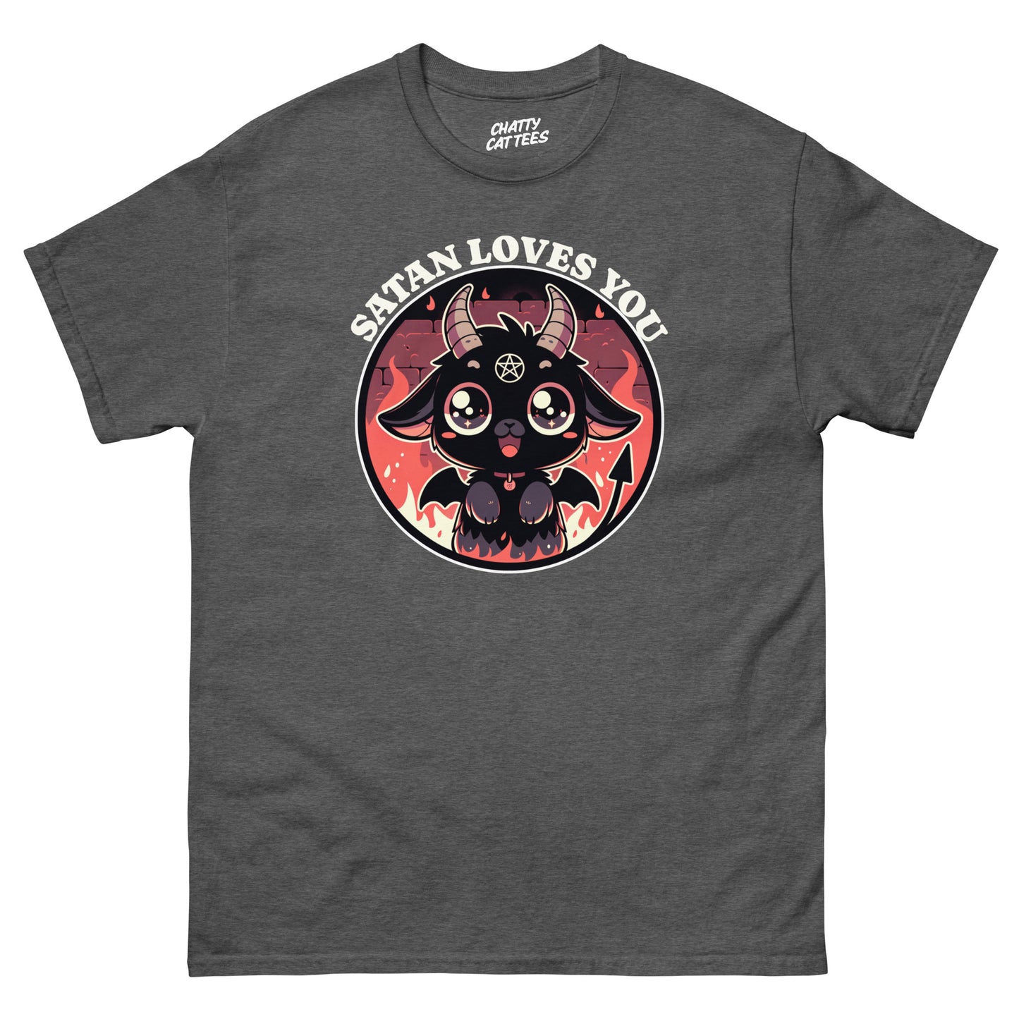 Dark heather gray t-shirt featuring a cute goat demon with flames and the text “Satan Loves You”