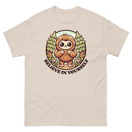 Natural t-shirt featuring a cute cartoon sasquatch with the text “Believe in Yourself”