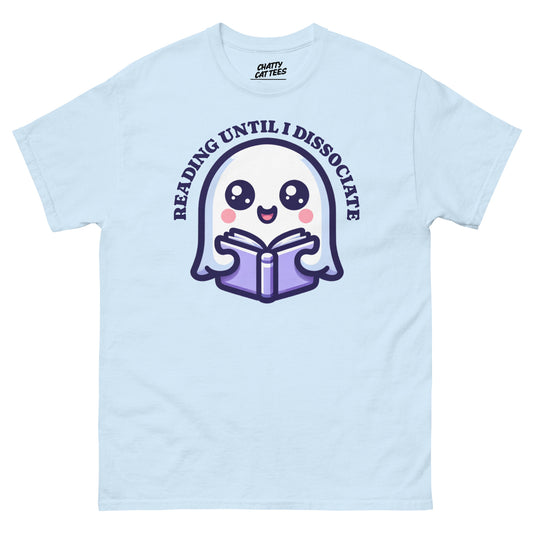 Cute ghost holding a purple book with “Reading Until I Dissociate” text on a light blue t-shirt

